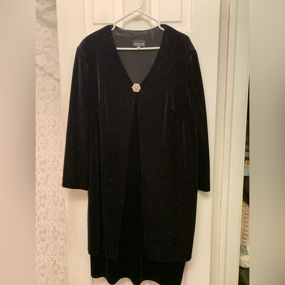 Onyx Nite Black Velvet Evening Dress with attached Jacket with Jewel Clasp